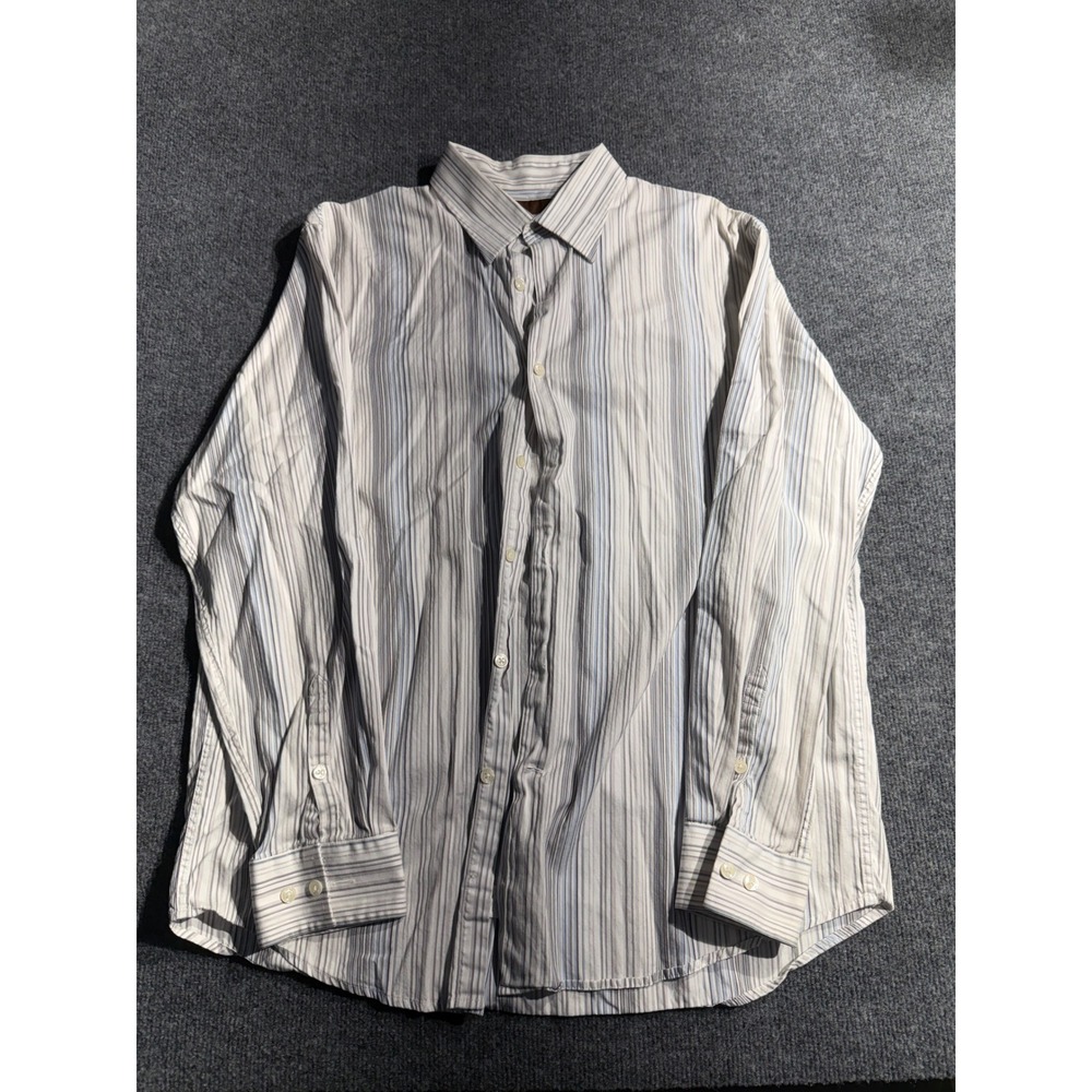 Perry Ellis Mens Large Long Sleeve Button Down Shirt Blue Grey Striped Cotton